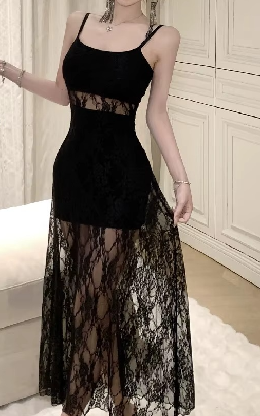 sheer Black Long Lace Dress