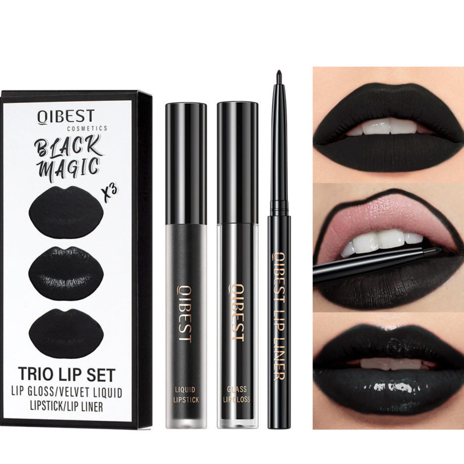 3 IN 1 Gothic Lip Set Black Lipstick Lip Gloss and Lip Liner