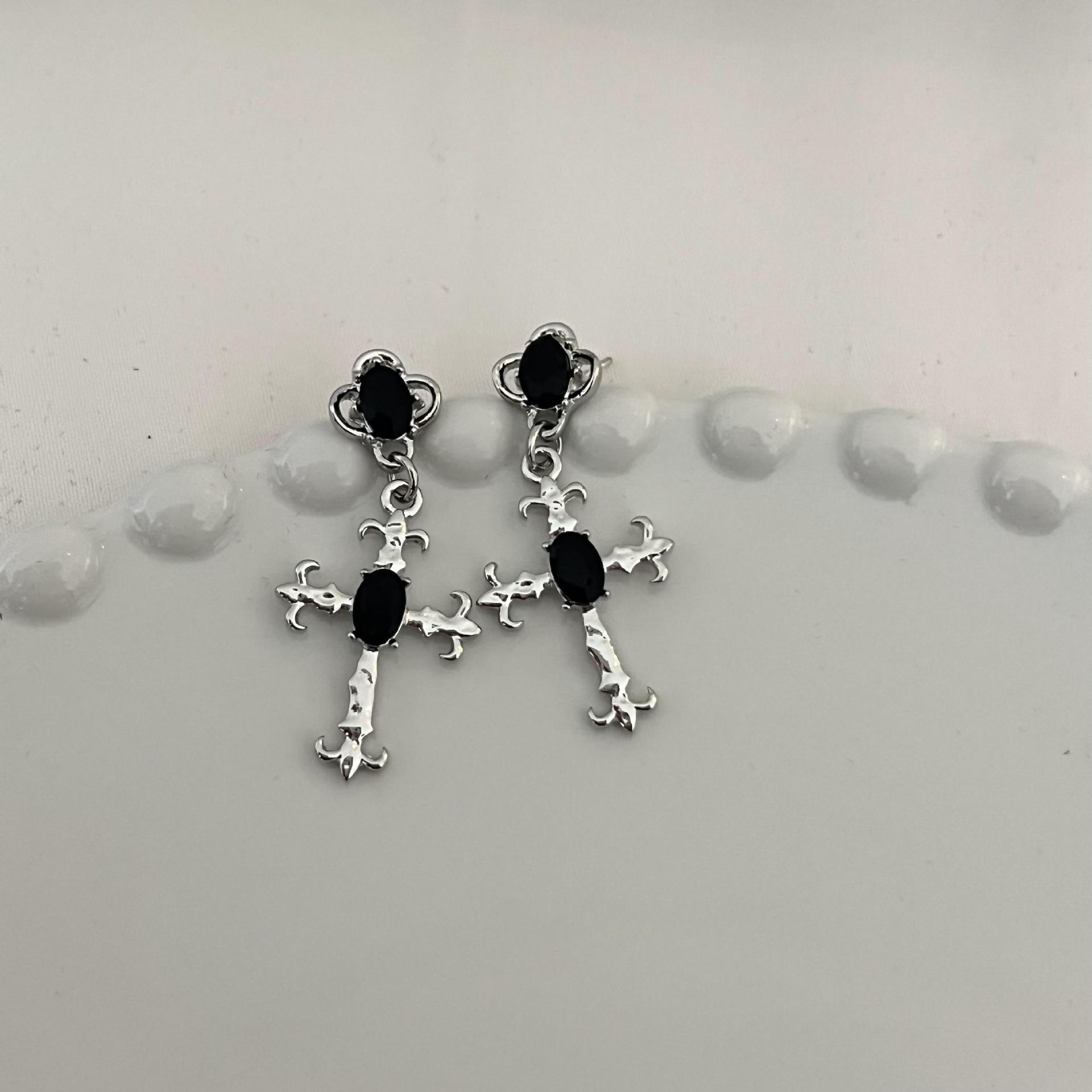 Gothic Vintage Silver Cross Earrings Black Crystals