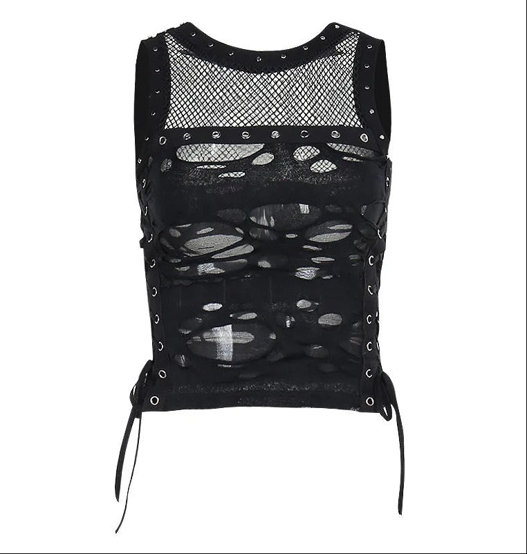 A black sleeveless mesh and lace-up corset top with distressed cutouts, silver-tone studs, and side laces, shown against a plain white background.