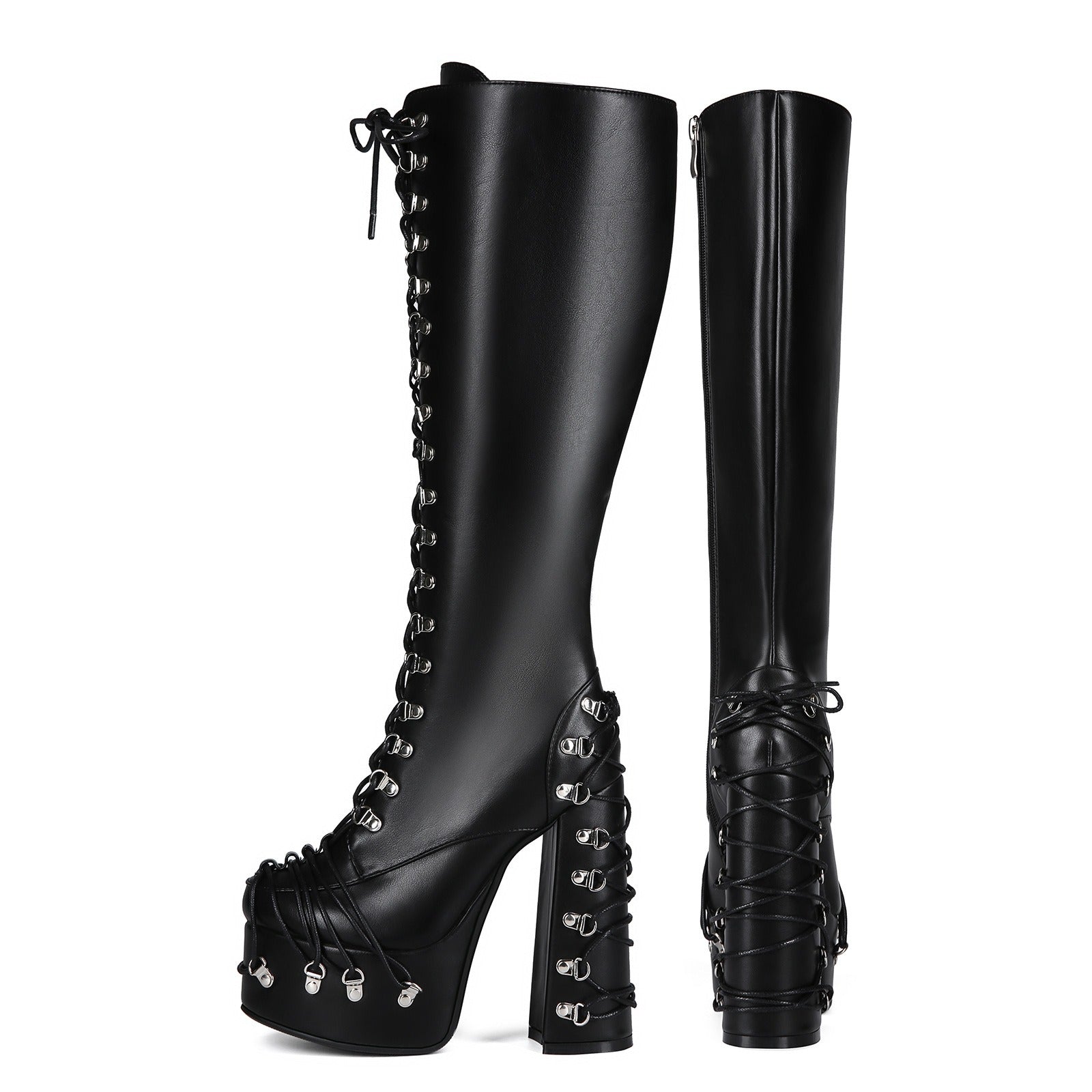 A pair of black knee-high platform boots with high studded heels and lace-up front detailing, shown from the side and back on a white background.