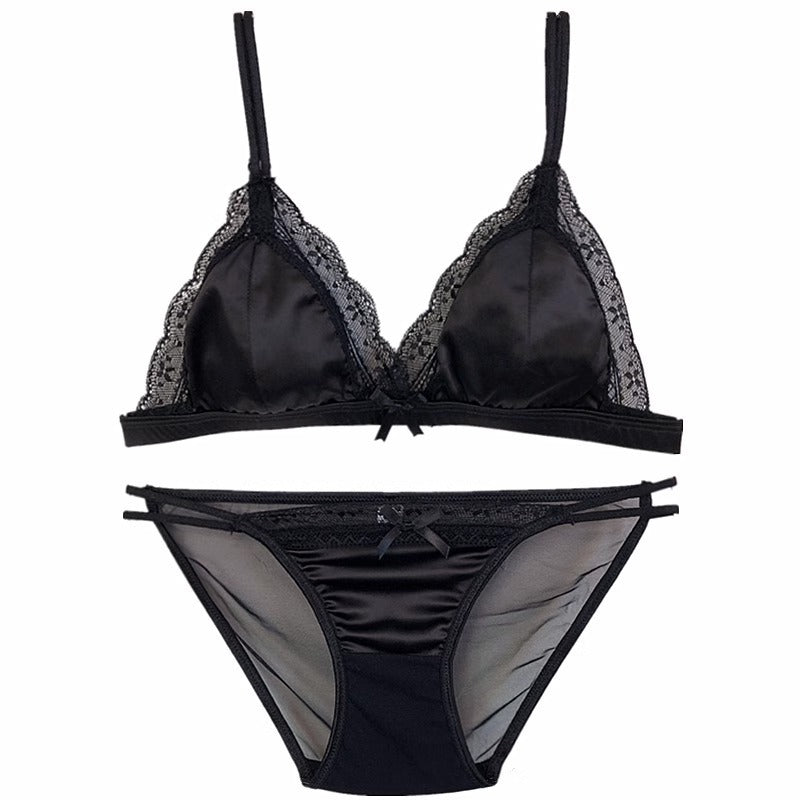 Alt Bralette and Panties Set Black Satin