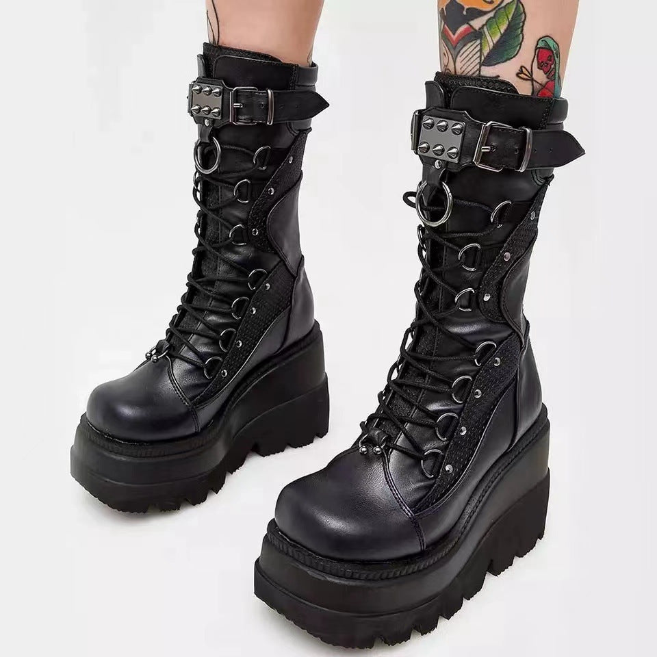 fishnet Black Ankle Wedge Platform Boots