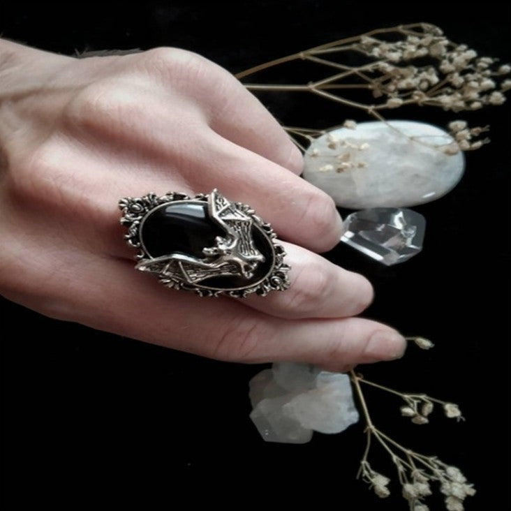 Black Bat Ring Gemstone Pendant Ringv