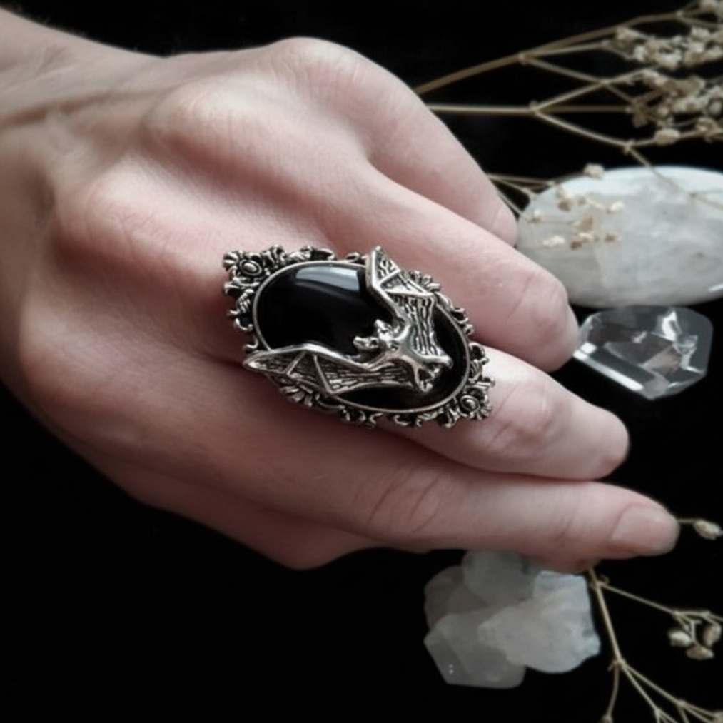 Black Bat Ring Gemstone Pendant Ring
