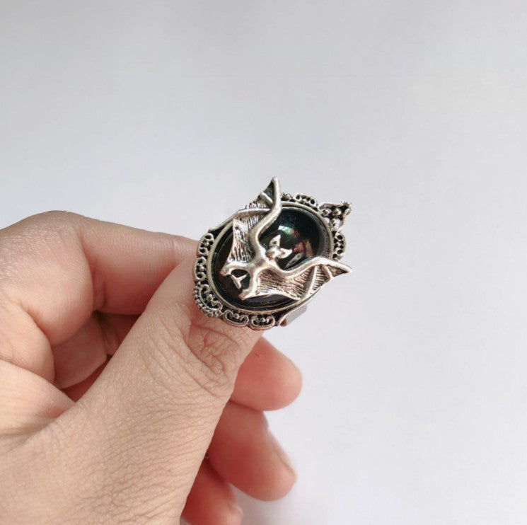 Black Bat Ring Gemstone Pendant Ring