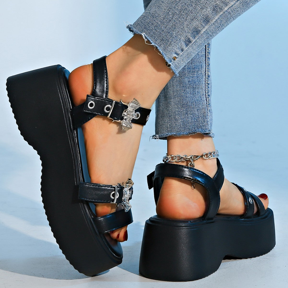 Black Bat buckle Sandals for Women