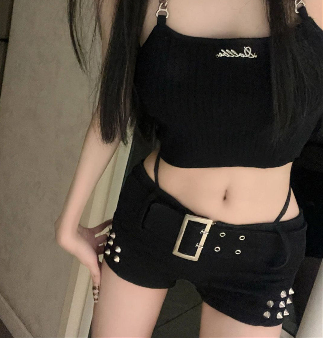 Black Belted Low Rise Shorts Womens