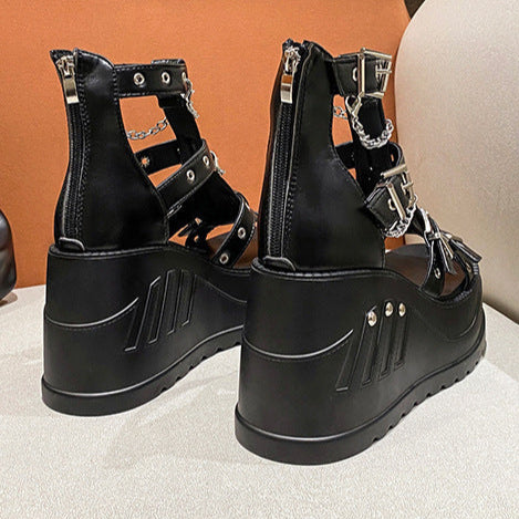 Black Buckle Sandals High Heel Platforms Womens