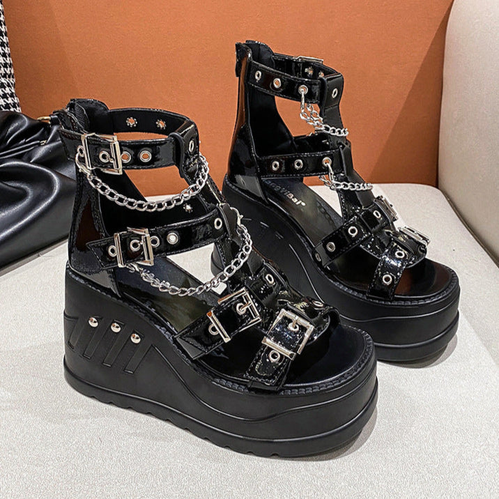 Black Buckle Sandals High Heel Platforms Womens