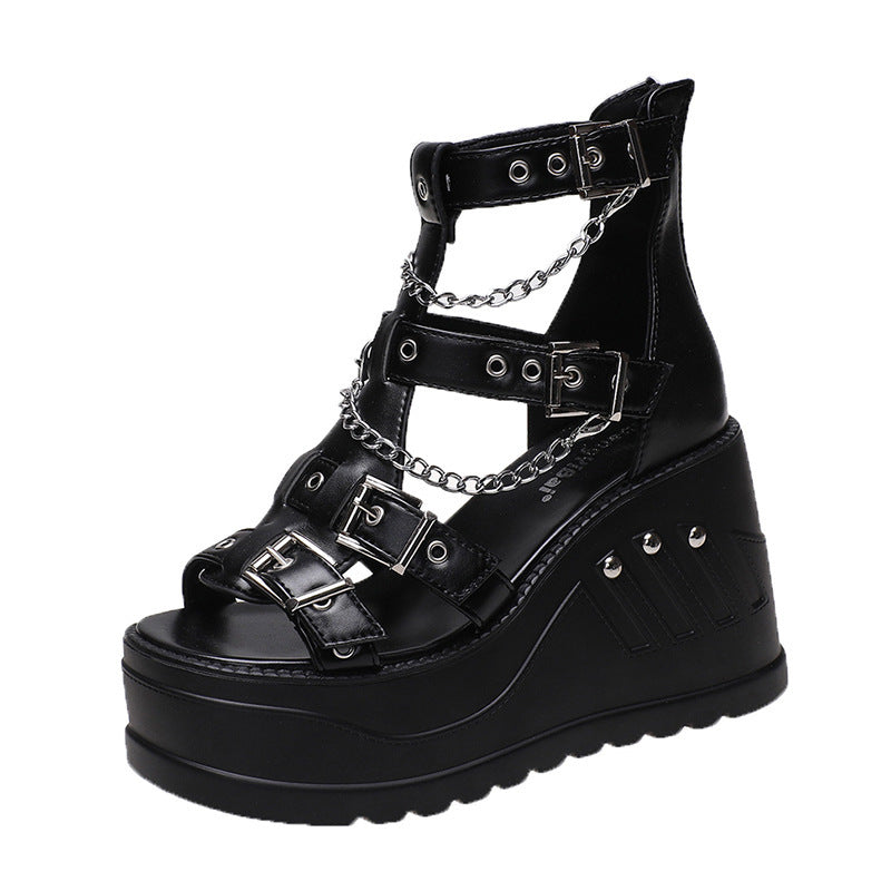 leather Black Buckle Sandals High Heel Platforms Womens