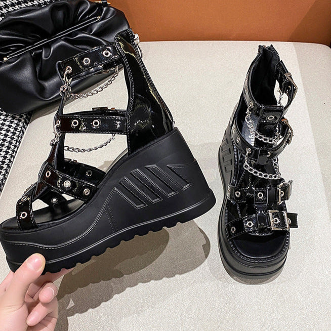 Black Buckle Sandals High Heel Platforms Womens