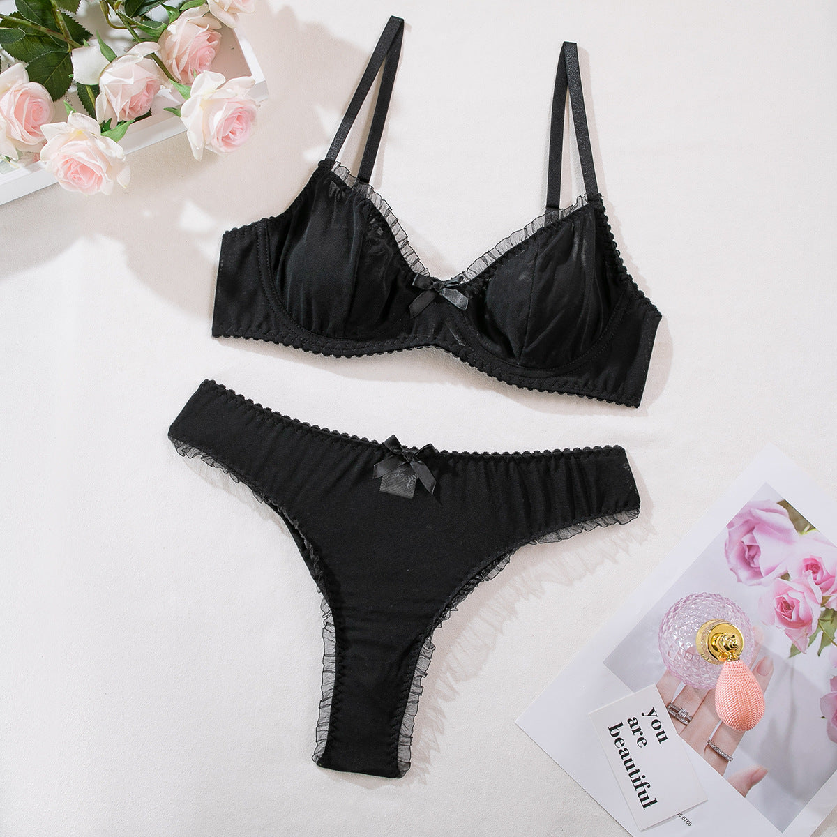 Black Casual Goth Underwear Set Two Piece sheer