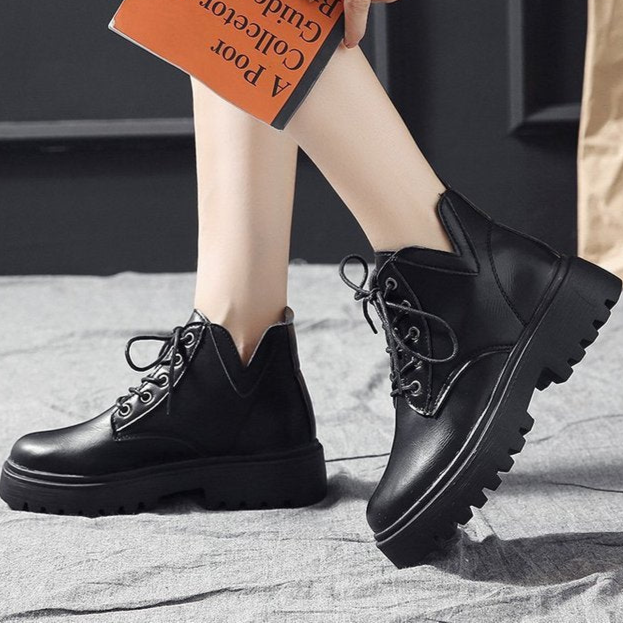 Black Casual Low Flat Boots Womens