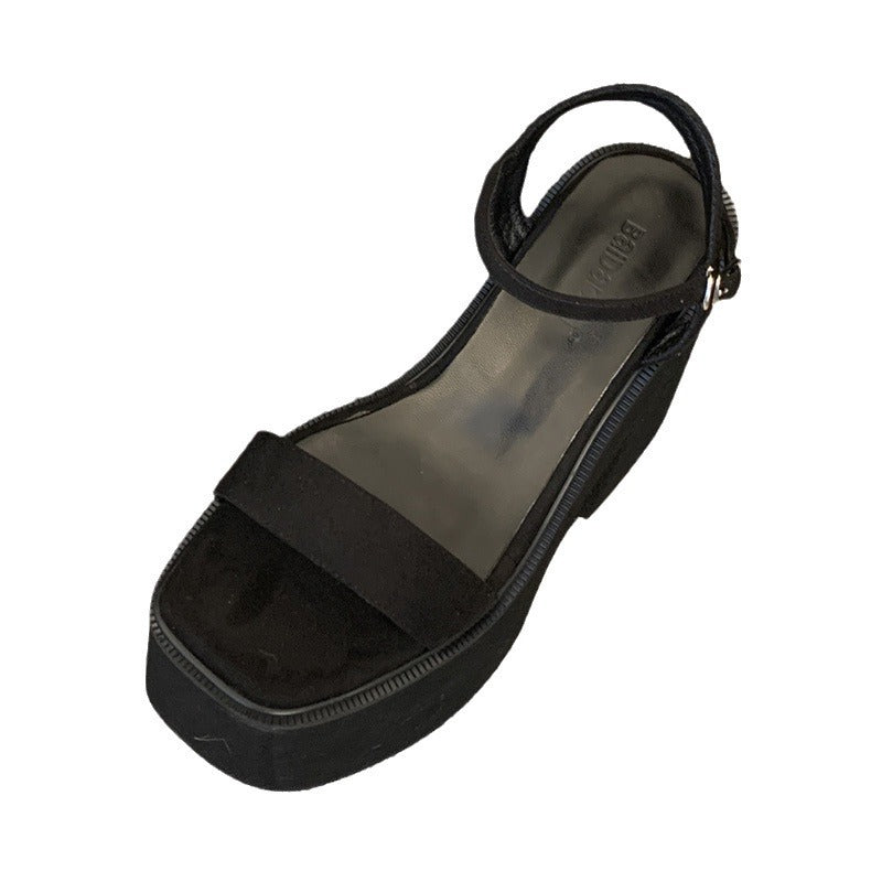 Black Chunky Peep Toe Sandals High Heel Platform 4 Inches