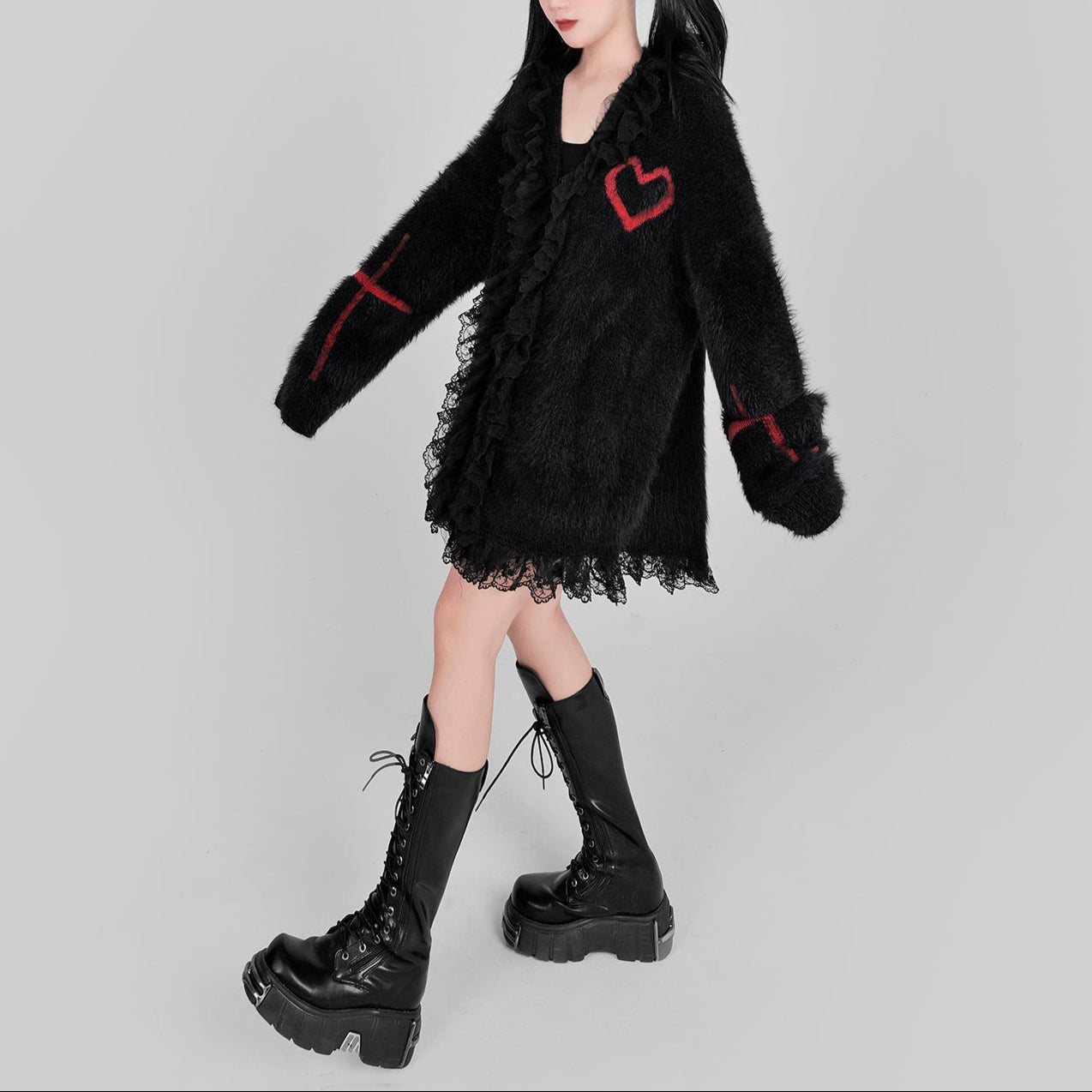 Black red Goth Cardigan with Red Cross