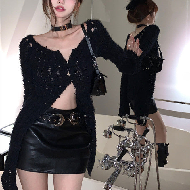 Black Goth Knitted Cardigan Top Womens