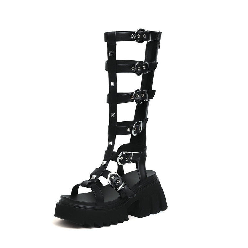 Black Goth Gladiator Sandals with Buckle Straps Women