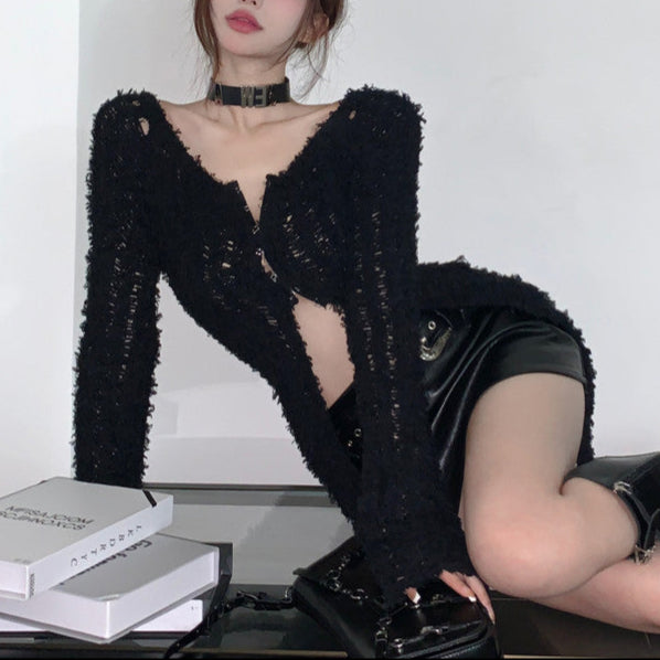 Black Goth Knitted Cardigan Top Womens