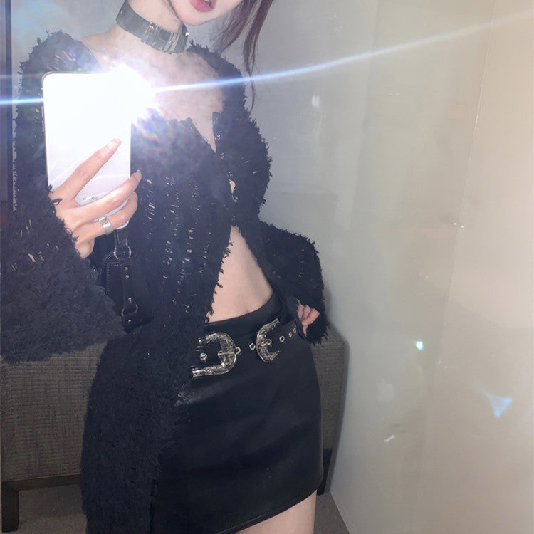Black Goth Knitted Cardigan Top Womens