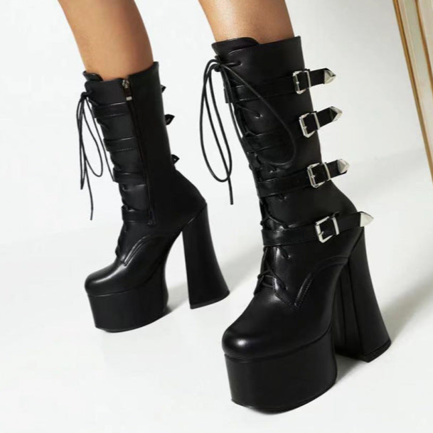Black Goth Platform Boots Womens Heels Buckles