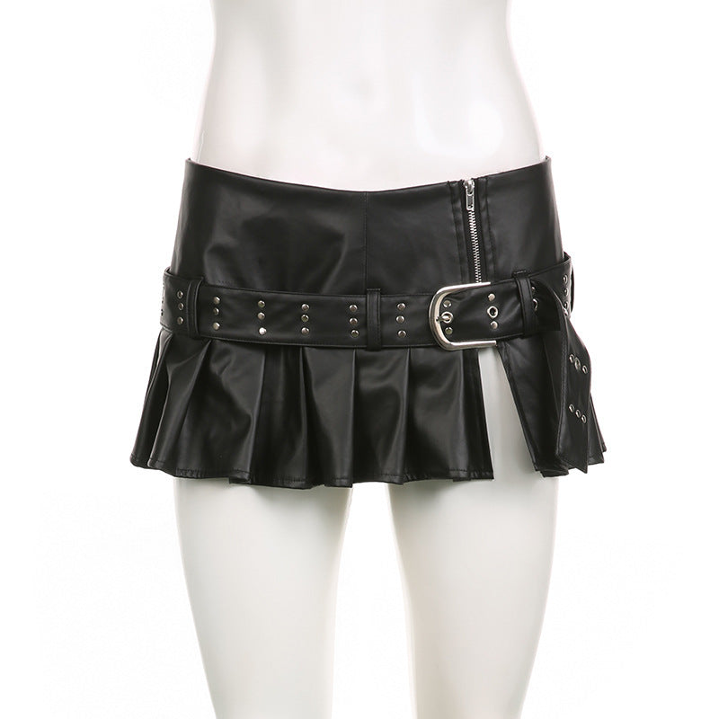 Black Goth Vegan Leather Low-Rise Super Mini Skirt side slit