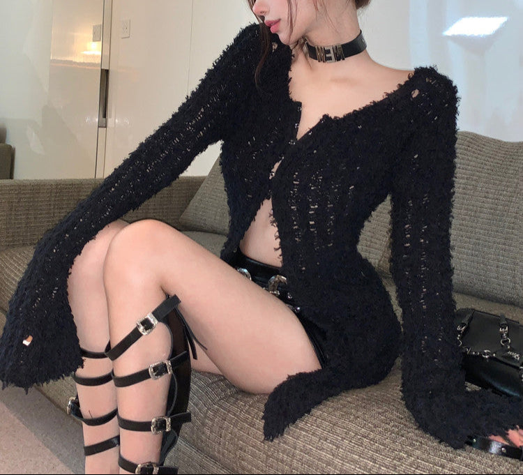 Black Goth Knitted Cardigan Top Womens crop