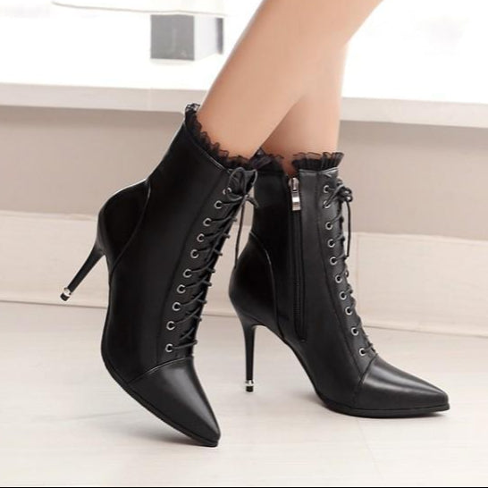 Black Gothic Victorian Lace Up Boot Heels Lace