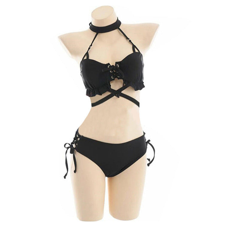 Black Haltertop Choker Bikini Set