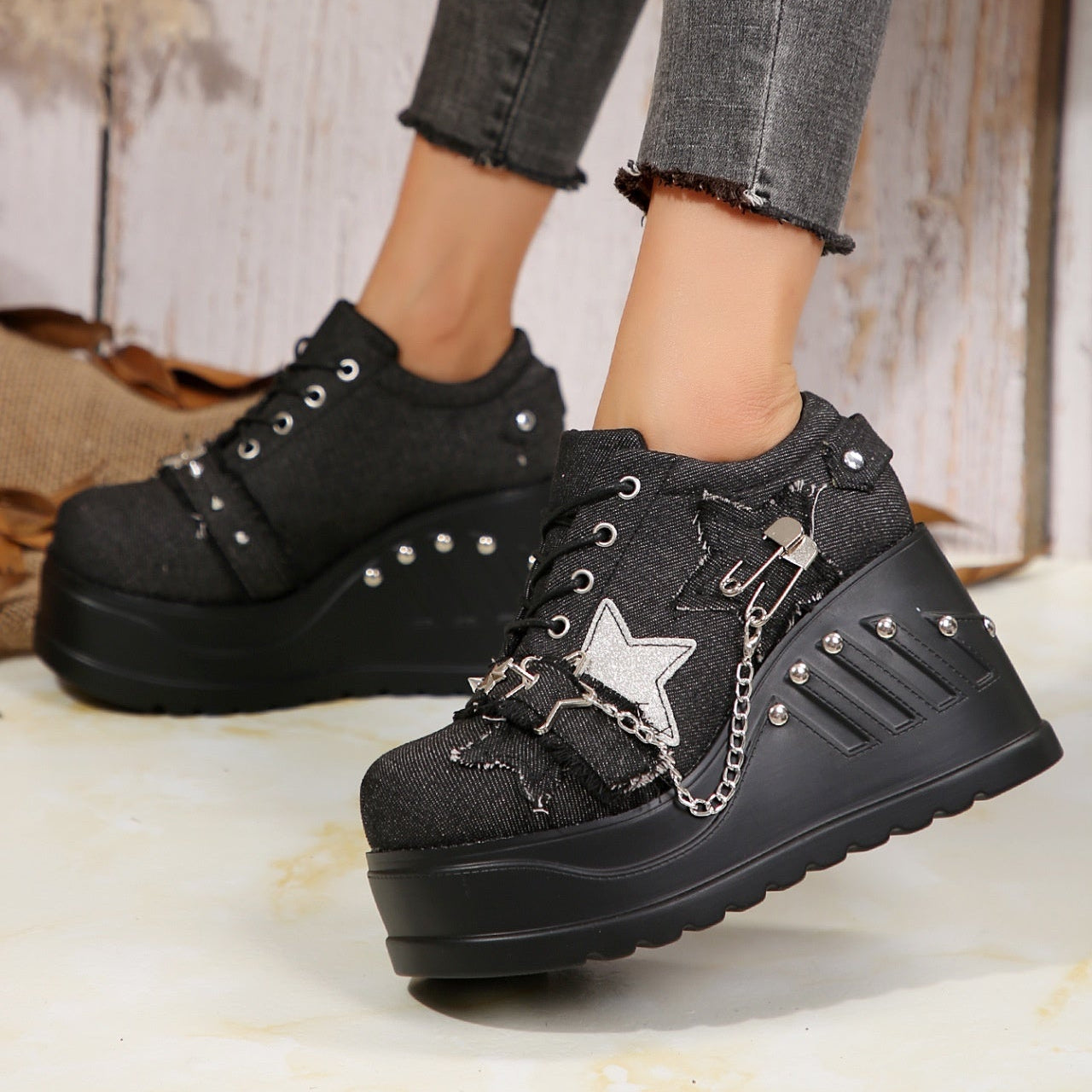 Black High Heel Sneakers Stars Safety Pins