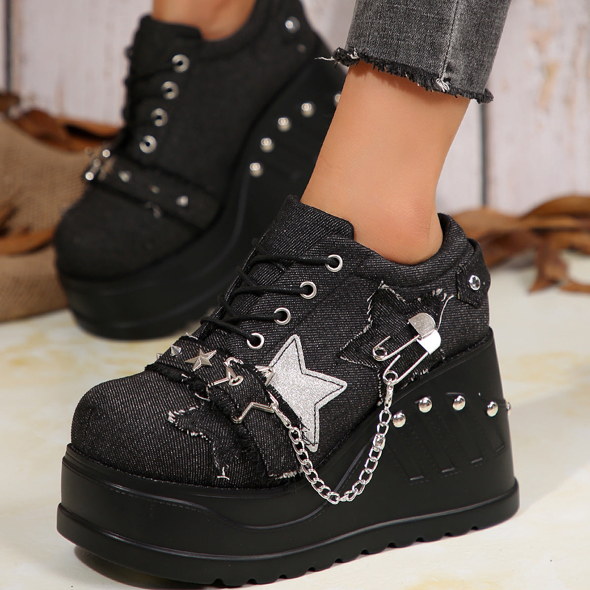 Black High Heel Sneakers Stars Safety Pins