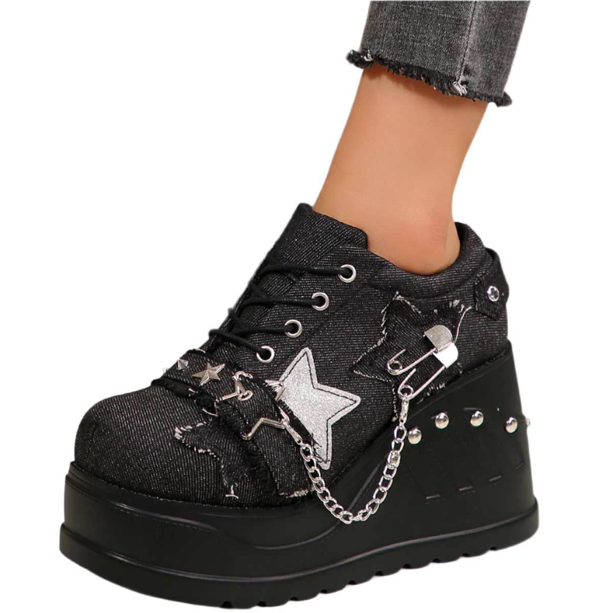 Black High Heel Sneakers Stars Safety Pins