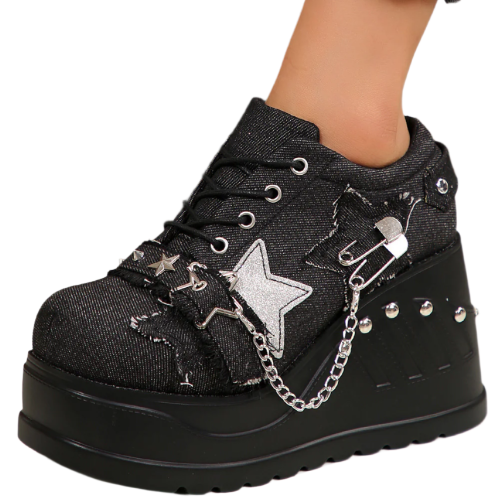 Black High Heel Sneakers Stars Safety Pins