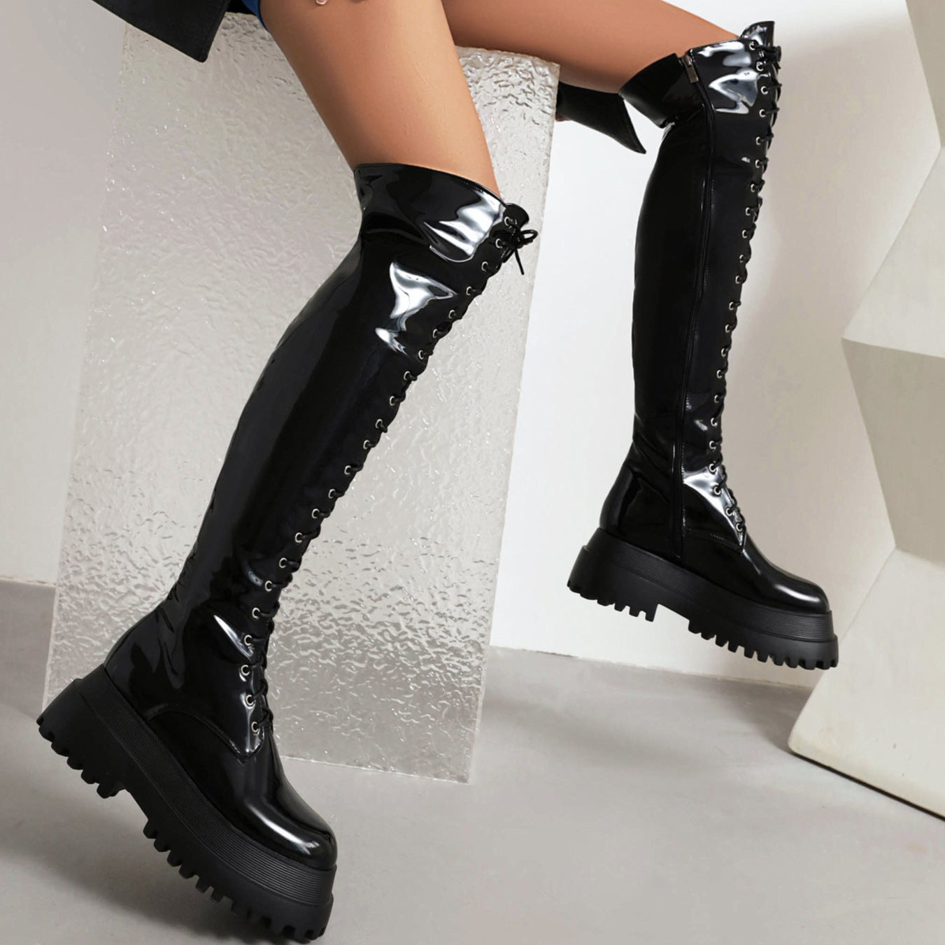 Black Knee High Combat Boots Womens