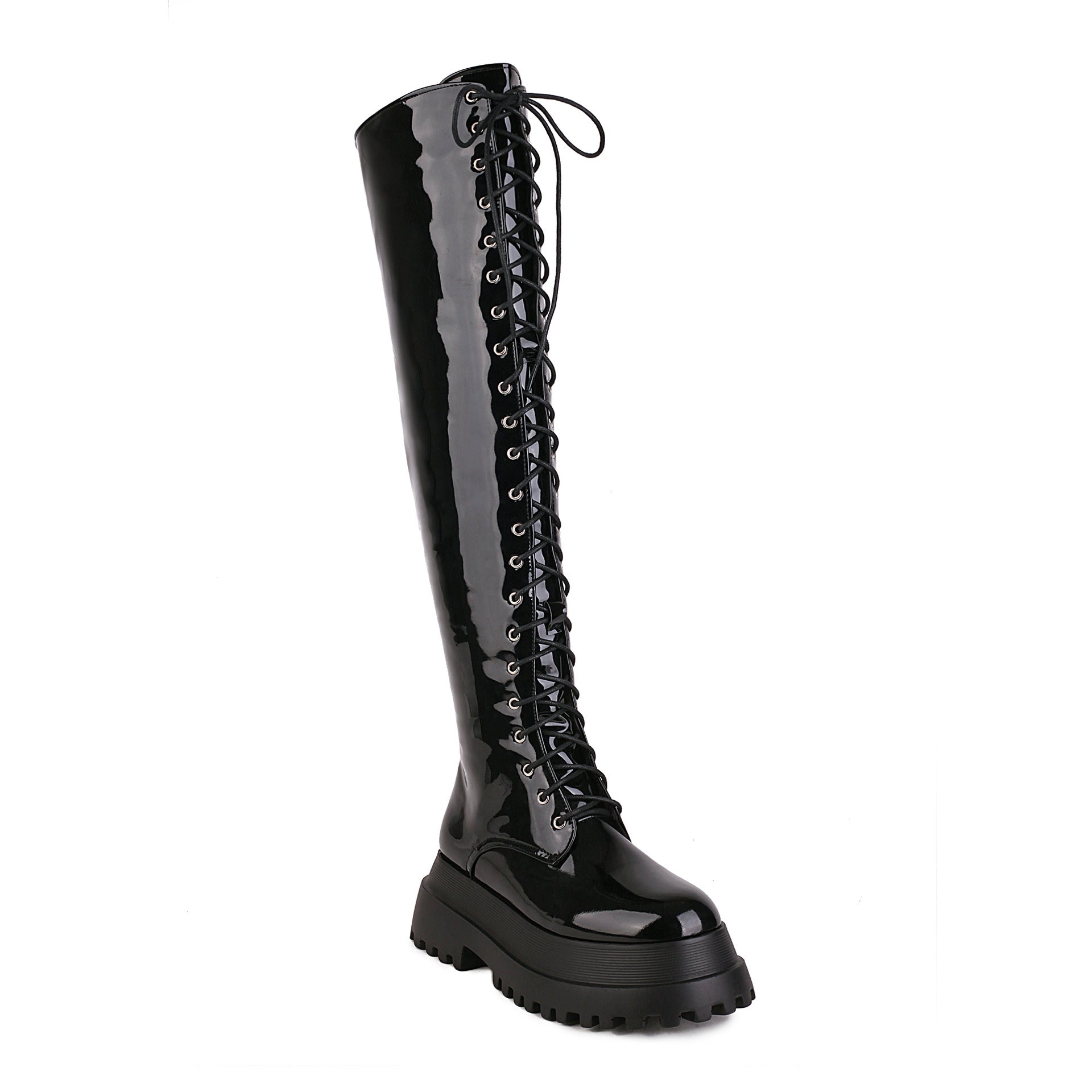 Black Knee High Combat Boots Womens latex