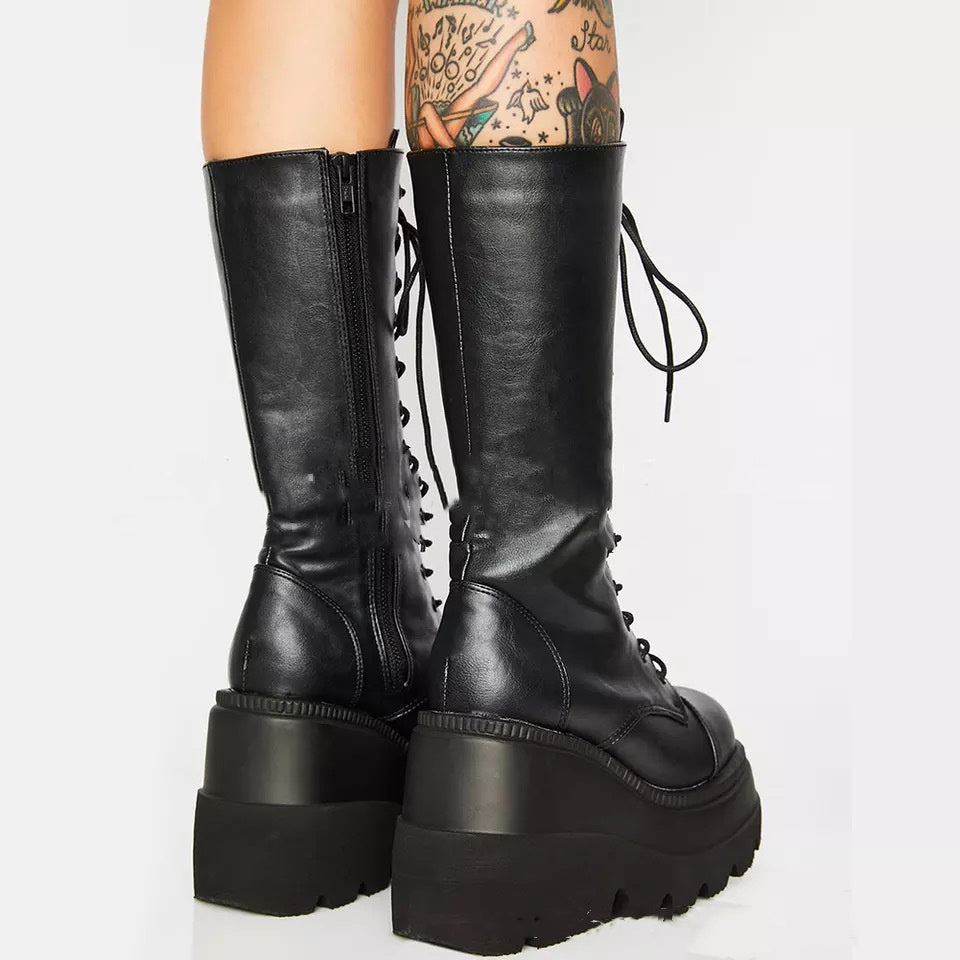 Black Knee High Platform Wedge Boots