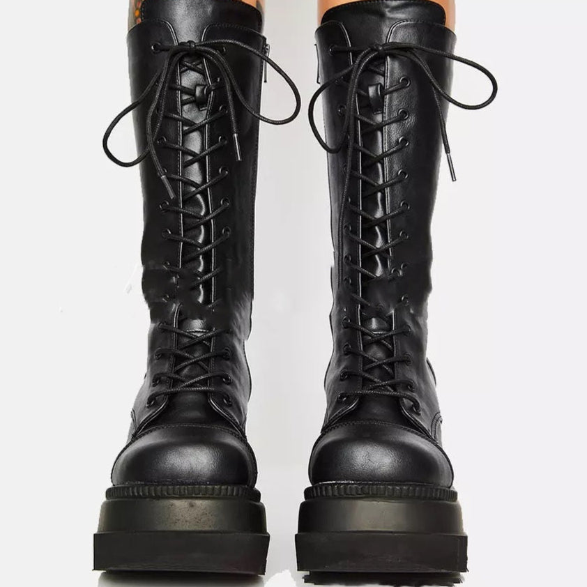 Black Knee High Platform Wedge Boots womens