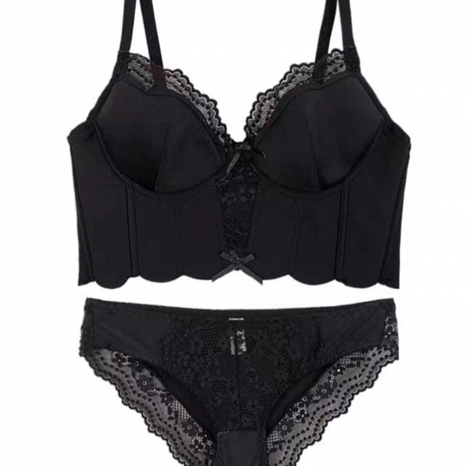 Black Lace Steel Bone Bra Corset Set panty