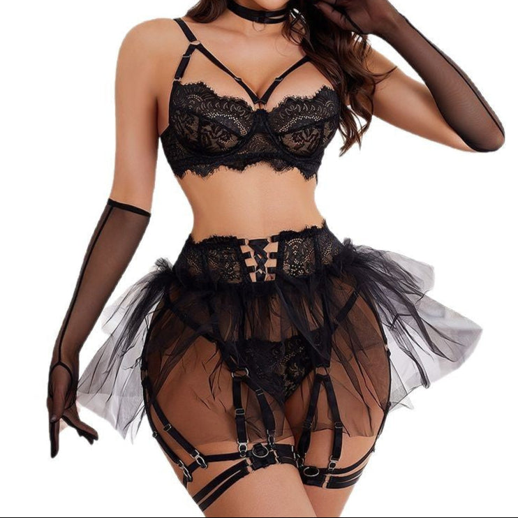Black See-Through Lingerie Six Piece Set Gloves Garters Skirt