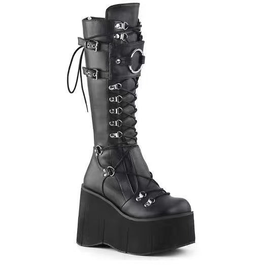 Black Punk O-Ring Platform Boots Knee High