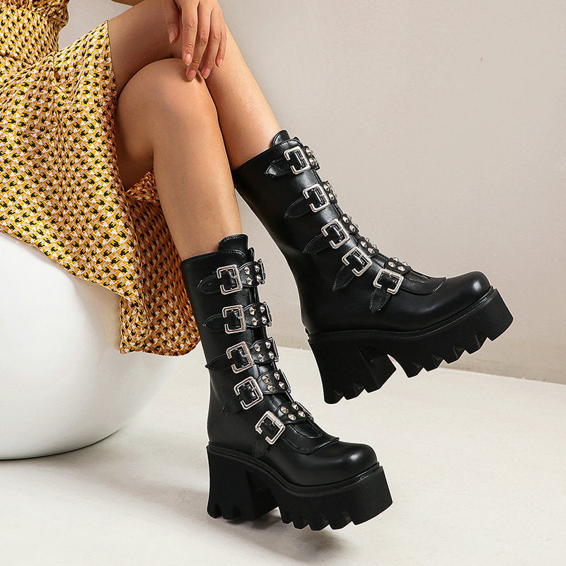 Black Punk Studded Boots Womens buckles