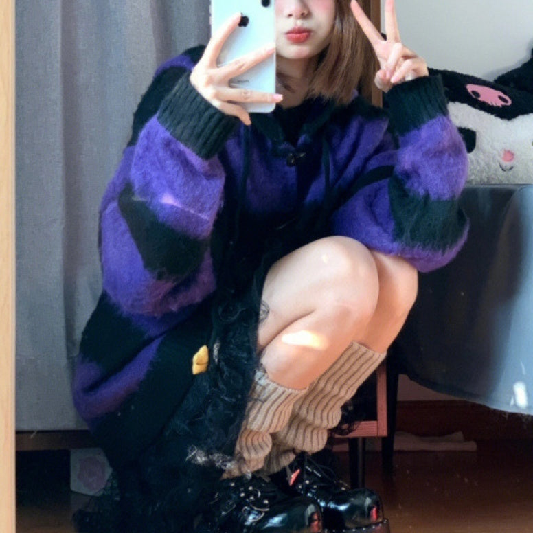 Black Purple Stripes Cardigan Sweater Womens