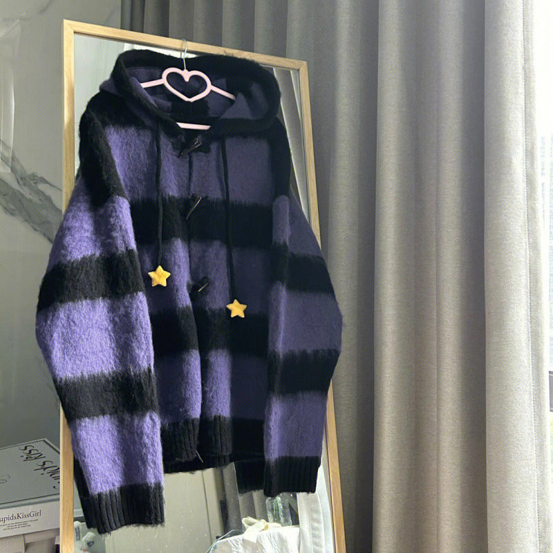 Black Purple Stripes Cardigan Womens