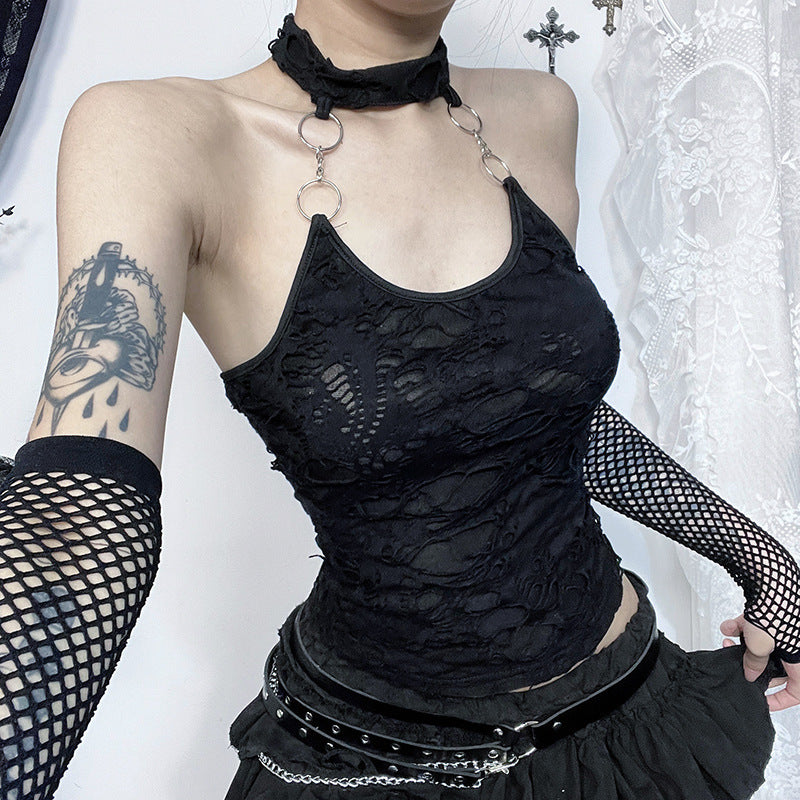 Black Ripped Halter Top Womens