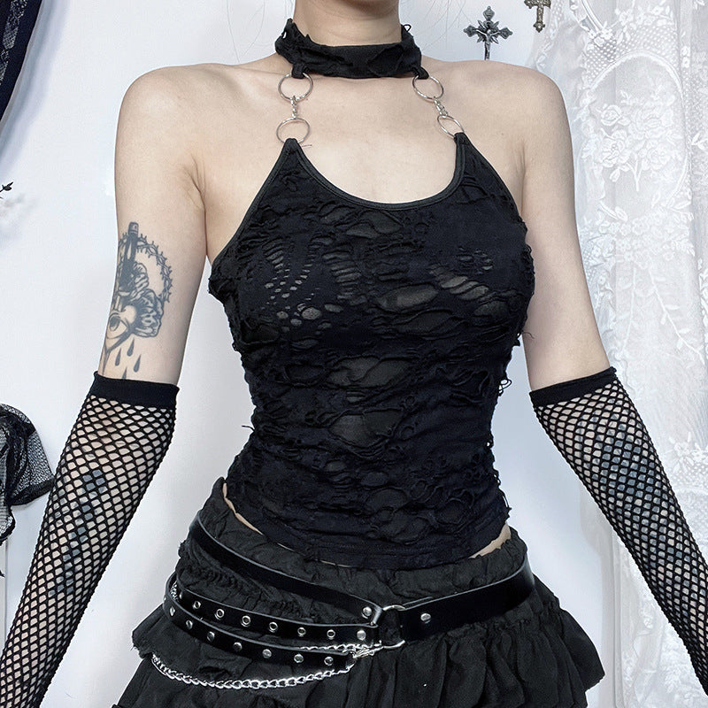 Black Ripped Halter Top Womens