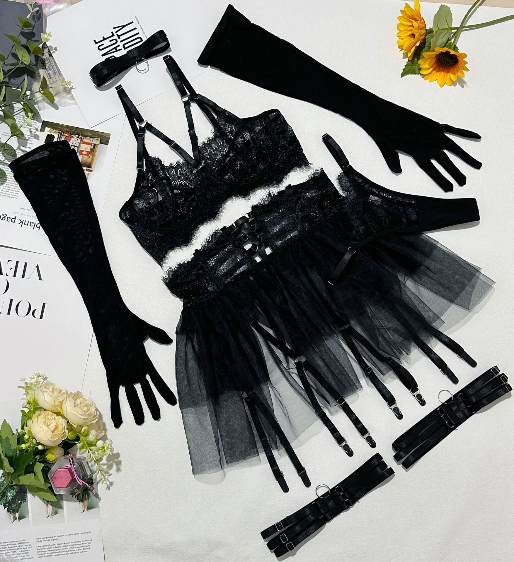Black See-Through Lingerie Six Piece Set Gloves Garters Skirt