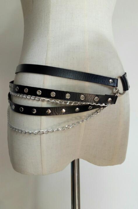 metal ring Black Strap Belt with Chains Gothic Womens