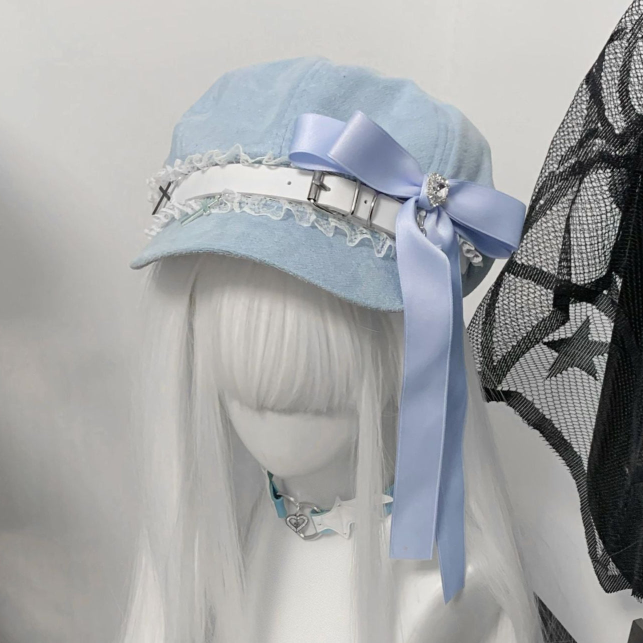 Black Velvet Goth Cap Crosses Lace with Bow