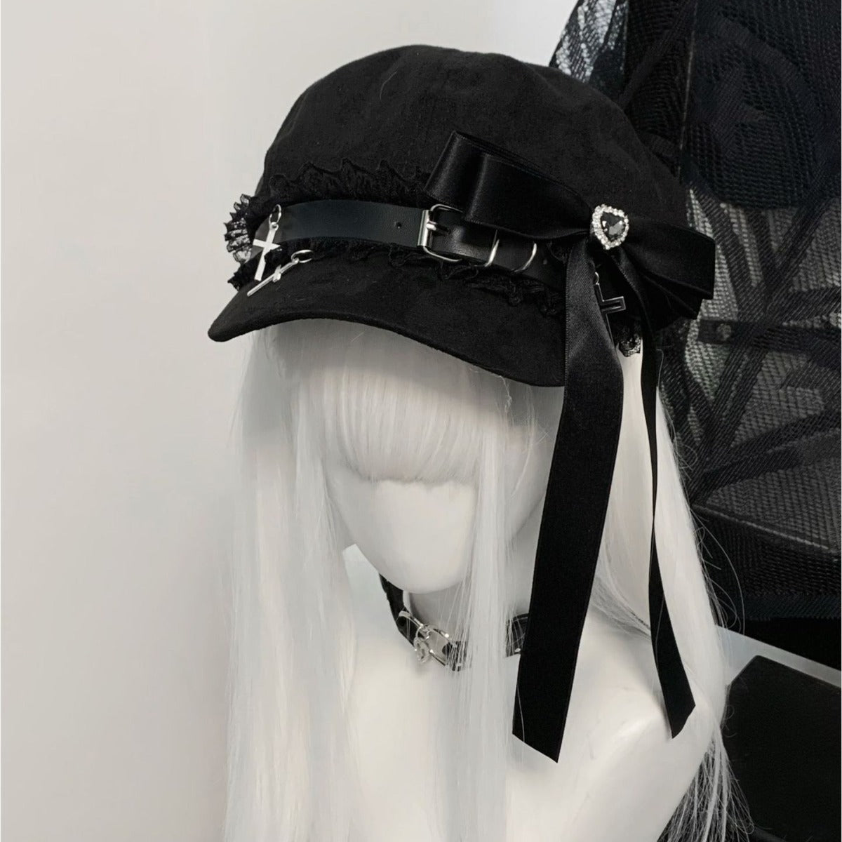 Black Velvet Goth Cap Crosses Lace with Bow