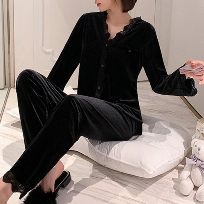 Black Velvet Long Sleeve Pajama Set Gothic